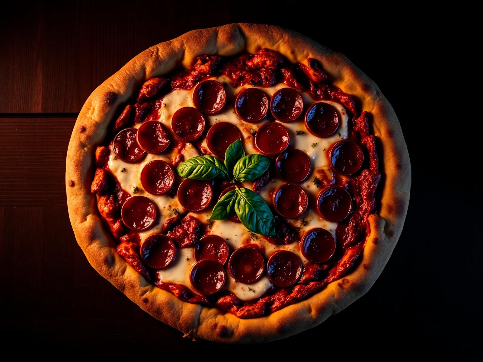 Wood-fired pepperoni pizza with fresh basil